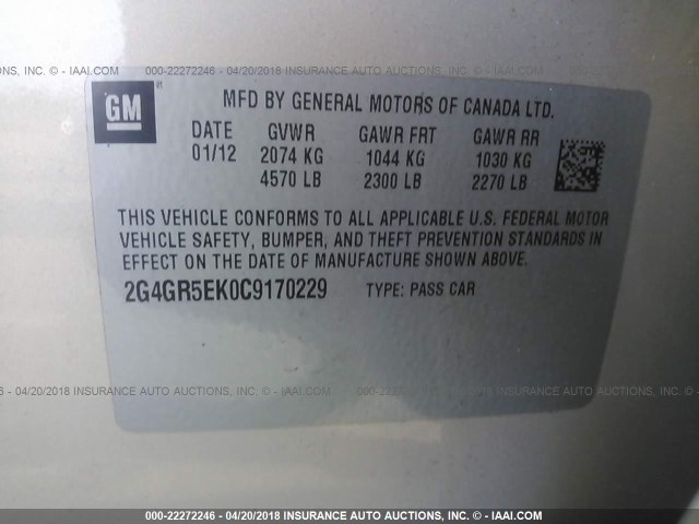 2G4GR5EK0C9170229 - 2012 BUICK REGAL GOLD photo 9