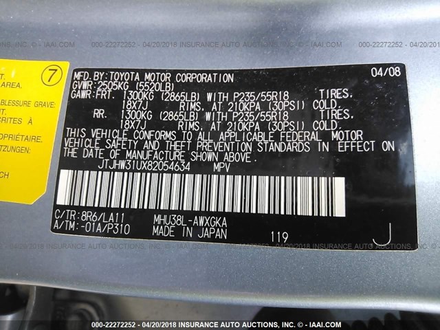 JTJHW31UX82054634 - 2008 LEXUS RX 400H BLUE photo 9