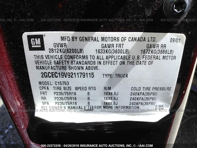 2GCEC19V921179115 - 2002 CHEVROLET SILVERADO C1500 MAROON photo 9