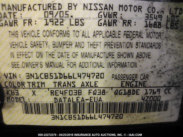 3N1CB51D66L474720 - 2006 NISSAN SENTRA 1.8/1.8S BLACK photo 9