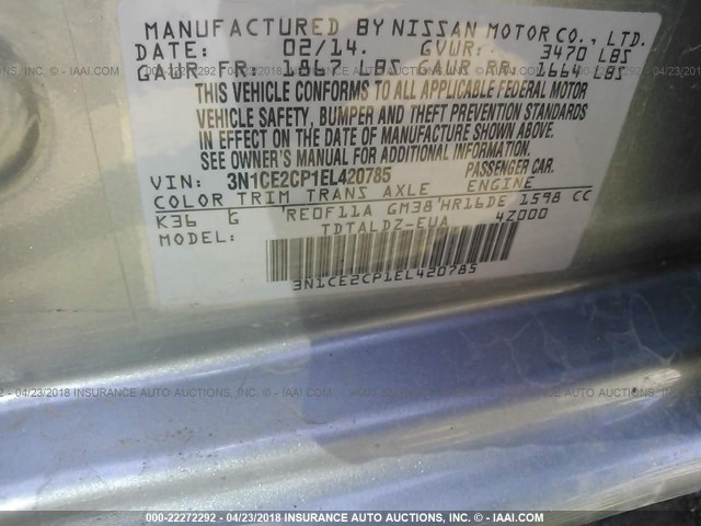 3N1CE2CP1EL420785 - 2014 NISSAN VERSA NOTE S/S PLUS/SV/SL SILVER photo 9