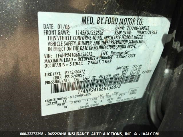 1FAHP24106G156073 - 2006 FORD FIVE HUNDRED SEL GRAY photo 9