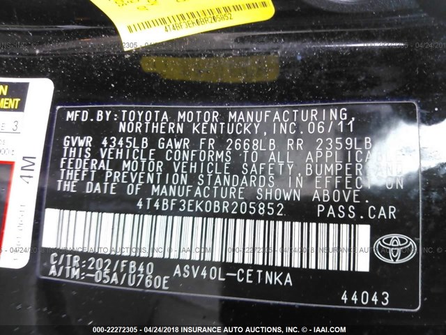4T4BF3EK0BR205852 - 2011 TOYOTA CAMRY SE/LE/XLE BLACK photo 9