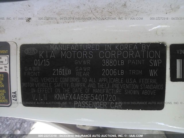 KNAFX4A69F5401720 - 2015 KIA FORTE LX WHITE photo 9