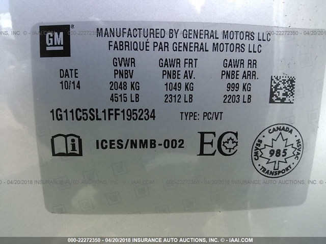 1G11C5SL1FF195234 - 2015 CHEVROLET MALIBU 1LT 银色 照片 9