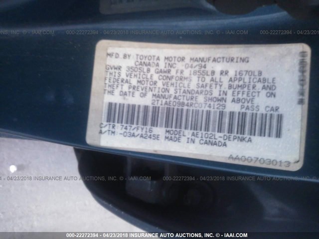 2T1AE09B4RC074129 - 1994 TOYOTA COROLLA LE/DX ლურჯი ფოტო 9