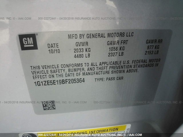 1G1ZE5E19BF205364 - 2011 CHEVROLET MALIBU LTZ 银色 照片 9