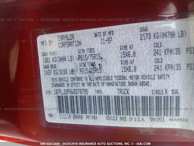 1B7FL22PXWS576795 - 1998 DODGE DAKOTA RED photo 9