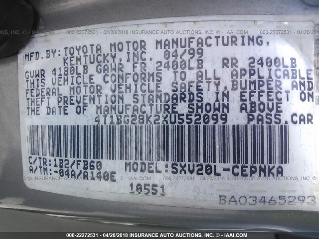 4T1BG28K2XU552099 - 1999 TOYOTA CAMRY CE/LE/XLE 金色 照片 9