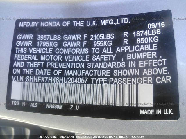 SHHFK7H46HU204057 - 2017 HONDA CIVIC SPORT Silber Foto 9