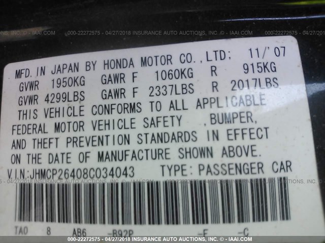 JHMCP26408C034043 - 2008 HONDA ACCORD LXP BLACK photo 9