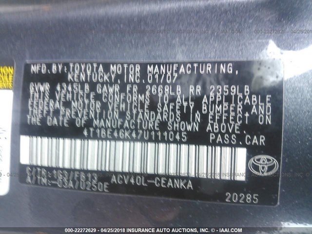 4T1BE46K47U111045 - 2007 TOYOTA CAMRY NEW GENERAT CE/LE/XLE/SE GRAY photo 9