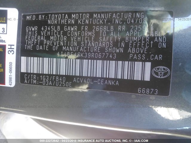 4T4BE46K39R067743 - 2009 TOYOTA CAMRY SE/LE/XLE GRAY photo 9