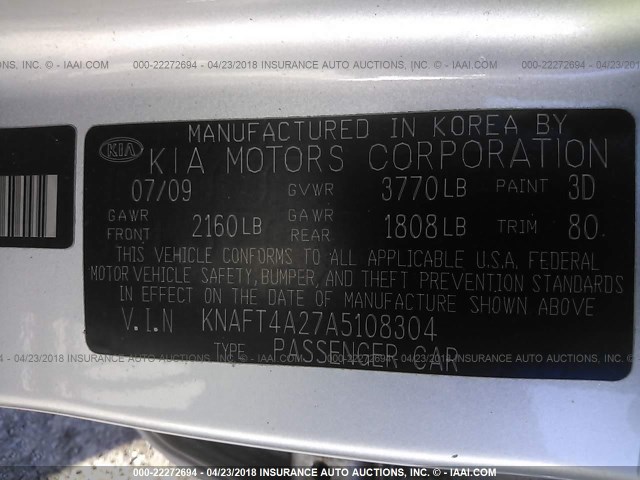 KNAFT4A27A5108304 - 2010 KIA FORTE LX SILVER photo 9