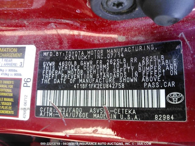 4T1BF1FK2EU842758 - 2014 TOYOTA CAMRY L/SE/LE/XLE RED photo 9