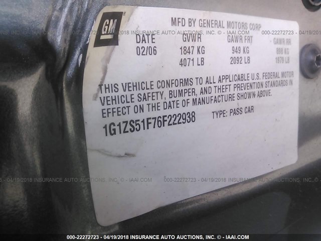 1G1ZS51F76F222938 - 2006 CHEVROLET MALIBU LS 灰色 照片 9