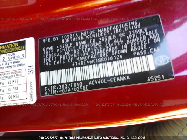 4T4BE46K48R046124 - 2008 TOYOTA CAMRY CE/LE/XLE/SE RED photo 9