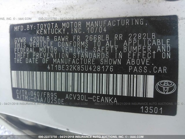 4T1BE32K85U428176 - 2005 TOYOTA CAMRY LE/XLE/SE WHITE photo 9