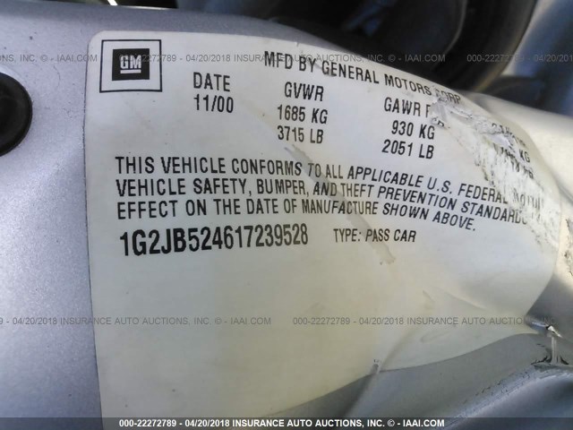 1G2JB524617239528 - 2001 PONTIAC SUNFIRE SE GRAY photo 9