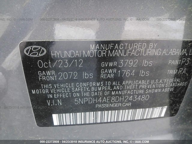 5NPDH4AE8DH243480 - 2013 HYUNDAI ELANTRA GLS/LIMITED GRAY photo 9