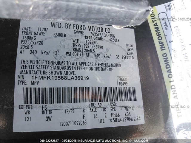 1FMFK19568LA36919 - 2008 FORD EXPEDITION EL LIMITED GRAY photo 9