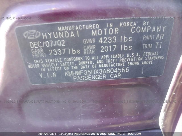 KMHWF35HX3A804566 - 2003 HYUNDAI SONATA GLS/LX MAROON photo 9