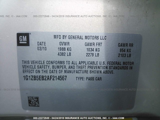 1G1ZB5EB2AF214567 - 2010 CHEVROLET MALIBU LS თაფლისფერი ფოტო 9