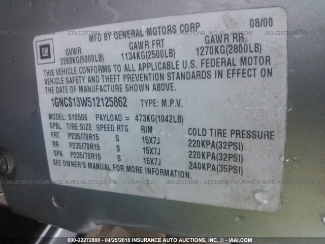 1GNCS13W512125862 - 2001 CHEVROLET BLAZER Բեժ լուսանկար 9