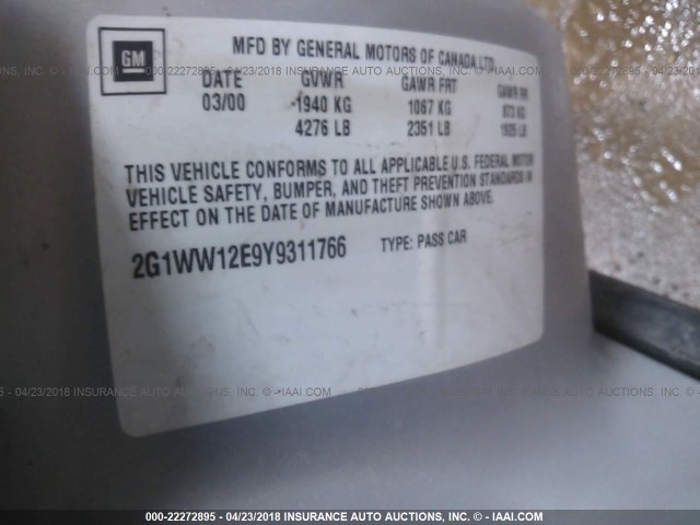 2G1WW12E9Y9311766 - 2000 CHEVROLET MONTE CARLO LS SILVER photo 9