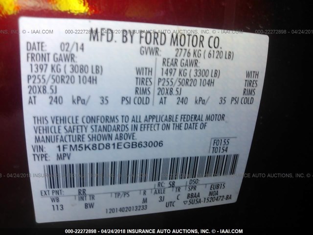 1FM5K8D81EGB63006 - 2014 FORD EXPLORER XLT RED photo 9