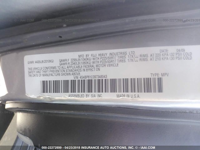 4S4BP61C097348543 - 2009 SUBARU OUTBACK 2.5I GRAY photo 9