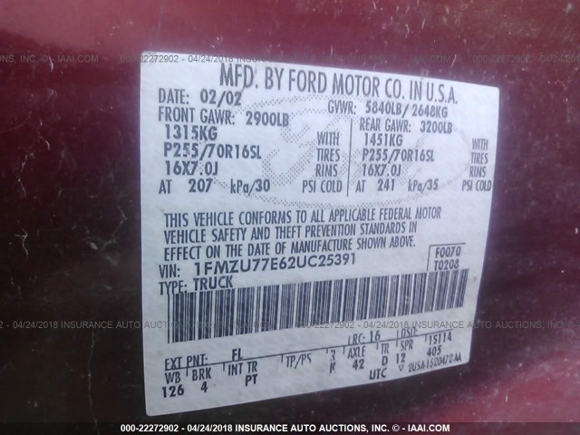 1FMZU77E62UC25391 - 2002 FORD EXPLORER SPORT TR  RED photo 9