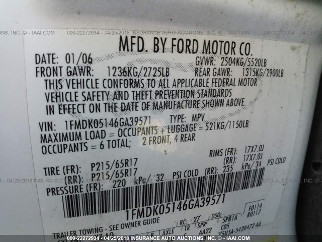 1FMDK05146GA39571 - 2006 FORD FREESTYLE SEL WHITE photo 9