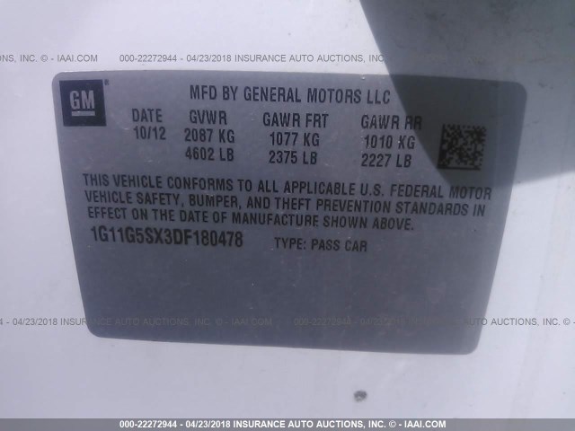 1G11G5SX3DF180478 - 2013 CHEVROLET MALIBU 3LT თეთრი ფოტო 9