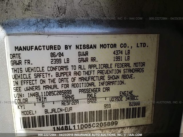 1N4BL11D05C205899 - 2005 NISSAN ALTIMA SE/SL/SE-R SILVER photo 9