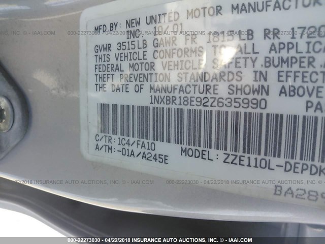 1NXBR18E92Z635990 - 2002 TOYOTA COROLLA CE/LE/S SILVER photo 9