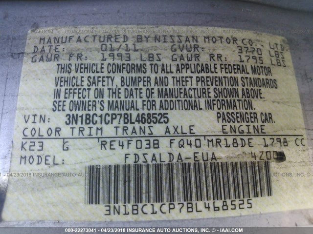 3N1BC1CP7BL468525 - 2011 NISSAN VERSA S/SL SILVER photo 9