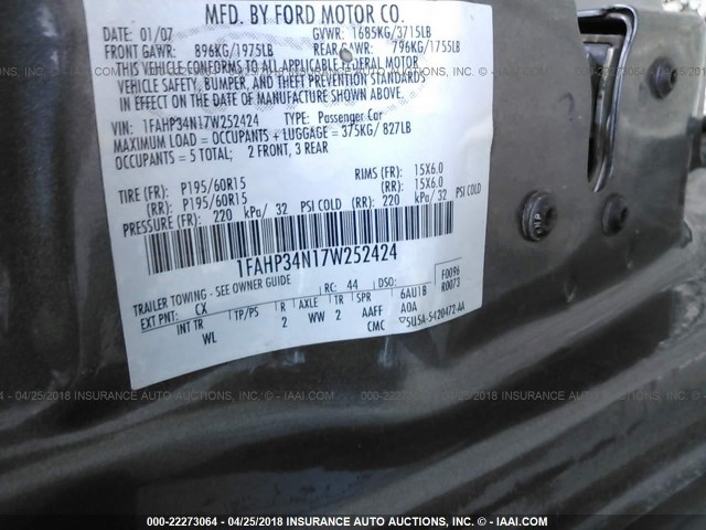 1FAHP34N17W252424 - 2007 FORD FOCUS ZX4/S/SE/SES 灰色 照片 9