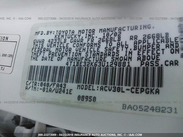 4T1BE32K63U129881 - 2003 TOYOTA CAMRY LE/XLE/SE 白色 照片 9