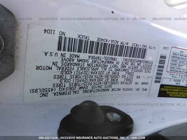 5TENX22N45Z082361 - 2005 TOYOTA TACOMA WHITE photo 9