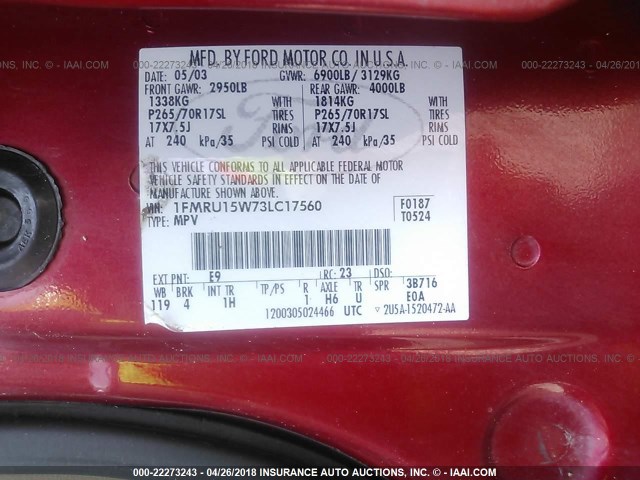 1FMRU15W73LC17560 - 2003 FORD EXPEDITION XLT RED photo 9