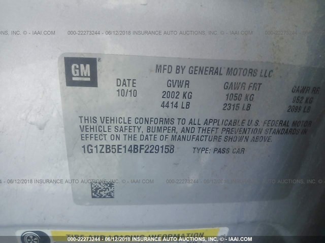 1G1ZB5E14BF229158 - 2011 CHEVROLET MALIBU LS Gümüş foto 9