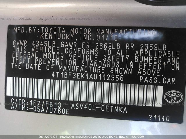 4T1BF3EK1AU112556 - 2010 TOYOTA CAMRY SE/LE/XLE 银色 照片 9