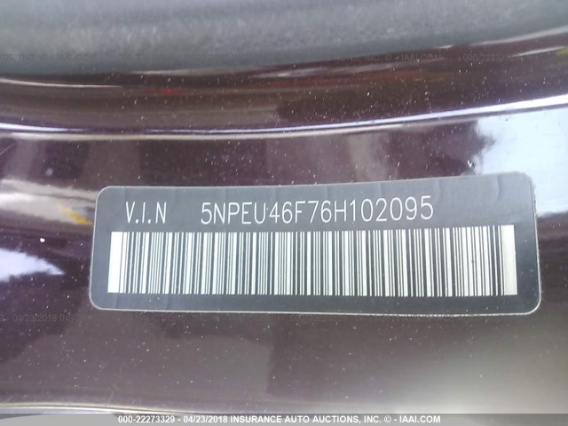 5NPEU46F76H102095 - 2006 HYUNDAI SONATA GLS/LX BURGUNDY photo 9