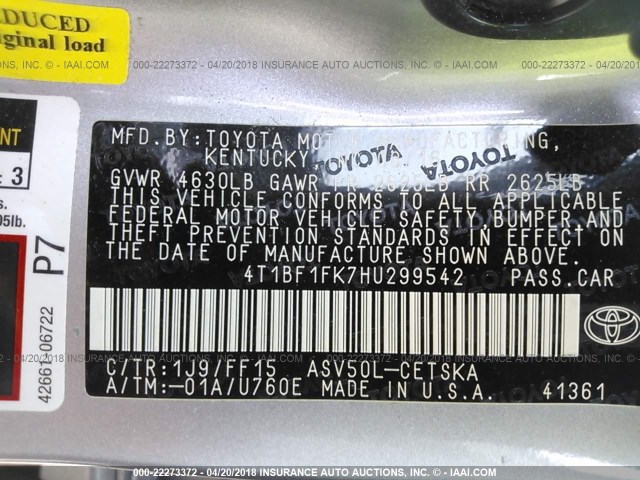 4T1BF1FK7HU299542 - 2017 TOYOTA CAMRY LE/XLE/SE/XSE SILVER photo 9