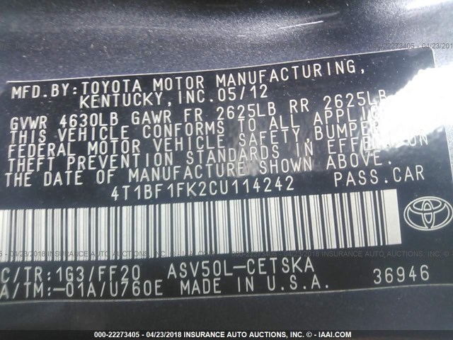 4T1BF1FK2CU114242 - 2012 TOYOTA CAMRY SE/LE/XLE GRAY photo 9