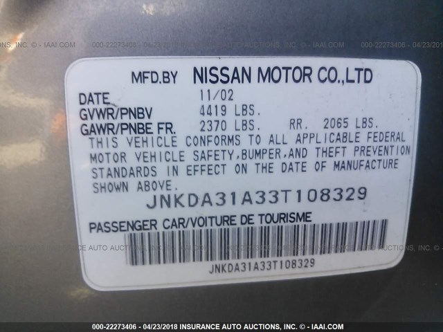 JNKDA31A33T108329 - 2003 INFINITI I35 GRAY photo 9