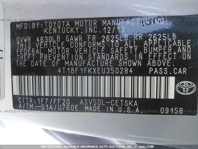 4T1BF1FKXEU350284 - 2014 TOYOTA CAMRY L/SE/LE/XLE 银色 照片 9