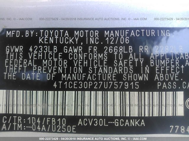 4T1CE30P27U757915 - 2007 TOYOTA CAMRY SOLARA SE/SLE SILVER photo 9