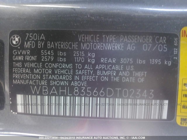 WBAHL83566DT02343 - 2006 BMW 750 I GRAY photo 9